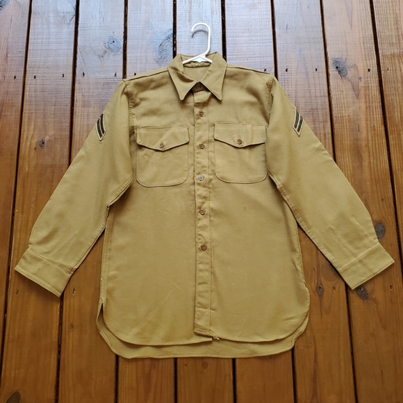 Vintage 50's Korean War men's M/L tan khaki wool long sleeve military shirt - Picture 1 of 10